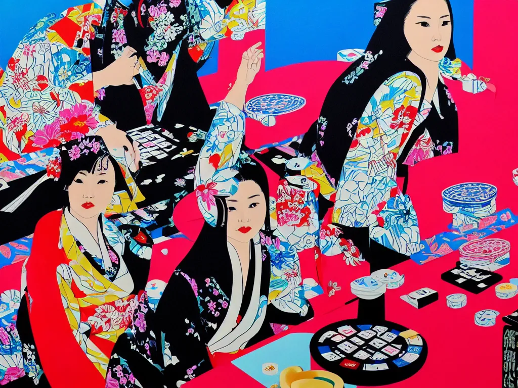 Prompt: hyperrealistic composition of the detailed woman in a japanese kimono sitting at a poker table with darth vader, fireworks, waves in the ocean with mountains in the background, pop - art style, jacky tsai style, andy warhol style, acrylic on canvas