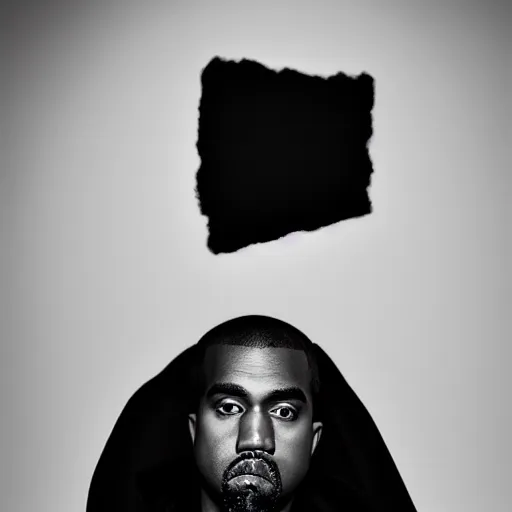 Image similar to a chiaroscuro lighting portrait of kanye west dressed as rick owens, black background, portrait by julia margaret cameron, shallow depth of field, 8 0 mm, f 1. 8