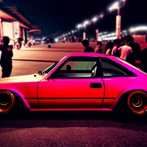 Image similar to a car S30 turbo drift at illegal car meet, shibuya prefecture, sunset night mist lights, cinematic color, photorealistic, highly detailed wheels, highly detailed