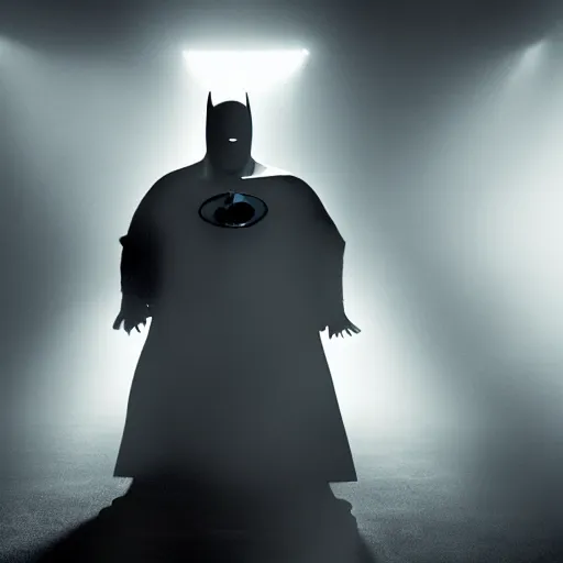Image similar to from the movie a still of steven seagal as a fat batman, cinematic, studio lighting. god rays through fog. 4 k