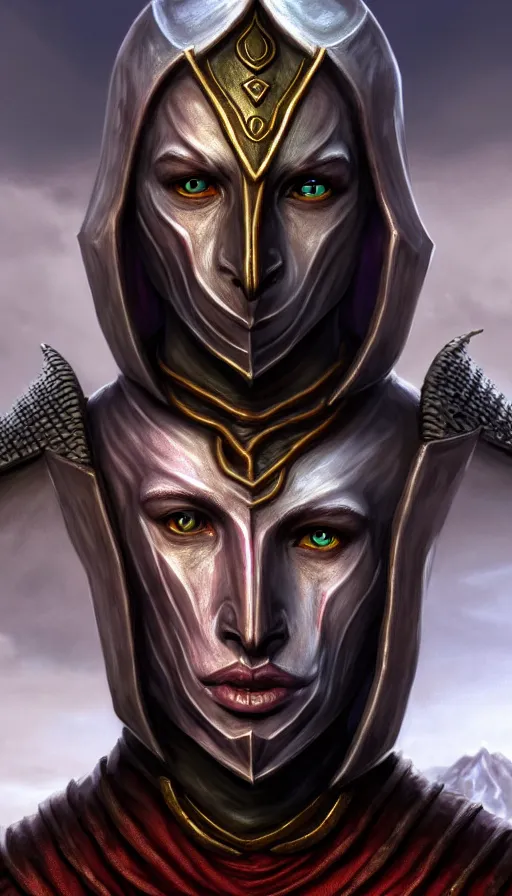 Image similar to hyperrealistic morrowind dunmer male nerevarine in front of balmora, red eyes, 3 / 4 portrait, symmetrical face, handsome face, full body dnd character portrait, medieval armor, morrowind armor, oblivion armor, skyrim armor, eso armor, intricate, highly detailed, elegant, 4 k, artstation, deviantart