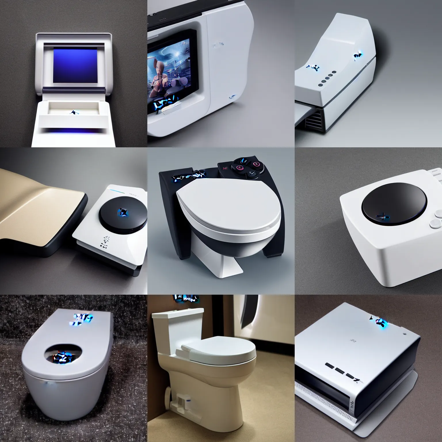 Prompt: Sony Playstation 2 toilet, product photography