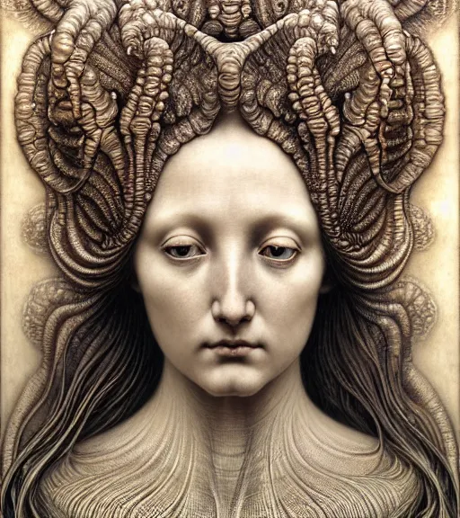 Image similar to detailed realistic beautiful whelk goddess face portrait by jean delville, gustave dore, iris van herpen and marco mazzoni, art forms of nature by ernst haeckel, art nouveau, symbolist, visionary, gothic, neo - gothic, pre - raphaelite, fractal lace, intricate alien botanicals, ai biodiversity, surreality, hyperdetailed ultrasharp octane render