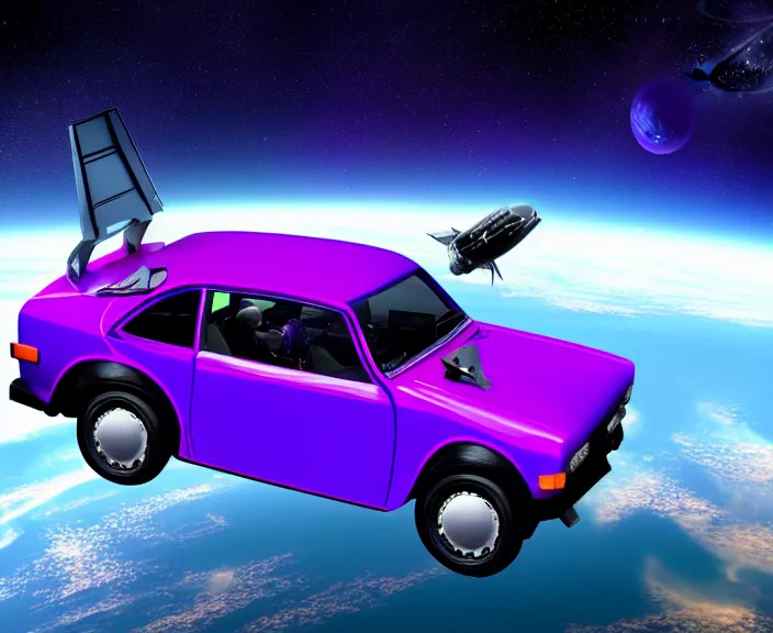 Image similar to purple lada 2 1 0 9 in space in orbit of the planet earth, lada 2 1 0 9 looks like a spaceship, hyper detailed, hight detailed, futuristic, ultra realistic, no blur, 8 k