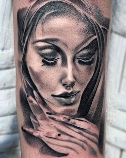 Image similar to tattoo design sketch of a beautiful woman face faded with a faded background of beautiful mountains and nature on her side, hyper - realistic, in the style of den yakovlev, amazing detail, black and white