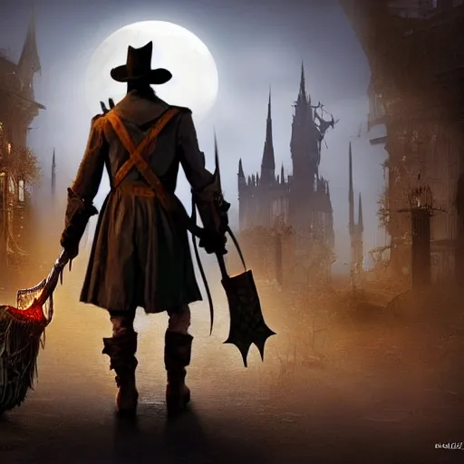 Prompt: a detailed 3 d render of darkwing duck dressed as the hunter from bloodborne, let's get dangerous, digital art, dark fantasy, concept art, soulslike, by alphonse mucha, blood moon eclipse, wherewolves in a ruined building in the background, artstation, 8 k, unreal engine render