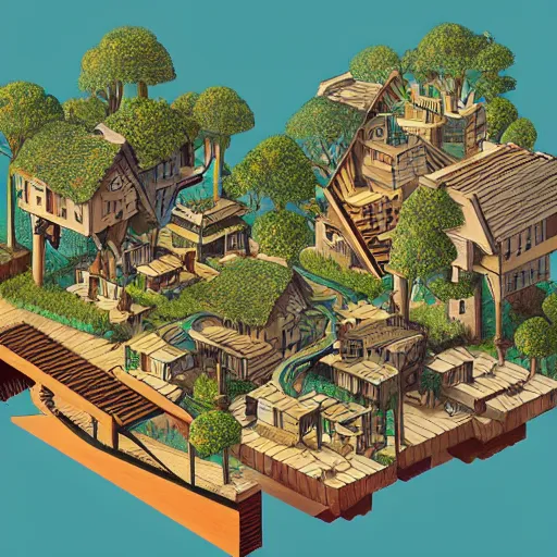 Prompt: Isometric view of a society living on multiple tree houses connected by bridges, intricate, illustration, hyper detailed, detailed