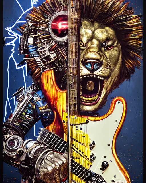 Prompt: a portrait of an anthropomorphic cyberpunk roaring lion shredding an electric guitar as the guitar melts by sandra chevrier, by jon foster, detailed render, tape deck, epic composition, cybernetics, 4 k realistic, cryengine, realistic shaded lighting, sharp focus, masterpiece, by enki bilal