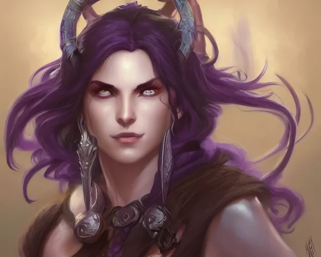 Image similar to Attractive Tiefling Druid, She has light brown skin, dark purple hair, and silver eyes full body, dungeons and dragons portrait, highly detailed, digital painting, artstation, concept art, sharp focus, illustration, art by artgerm and greg rutkowski and alphonse mucha