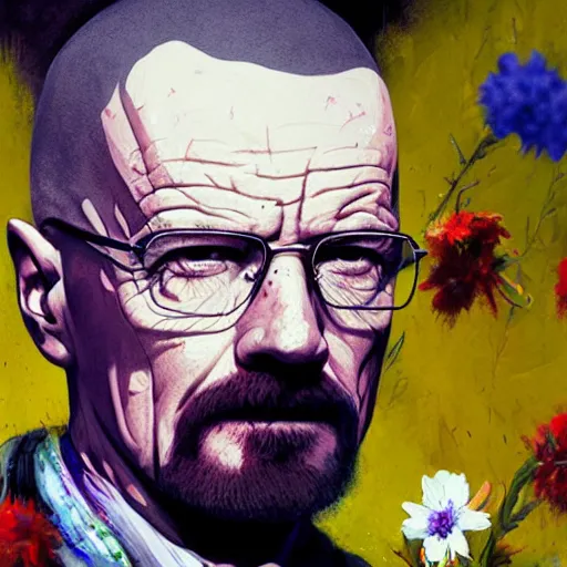 Image similar to painting of walter white dressed with flowers, illustration, artistic, colorful, hyper detailed, in the style of Greg Rutkowski