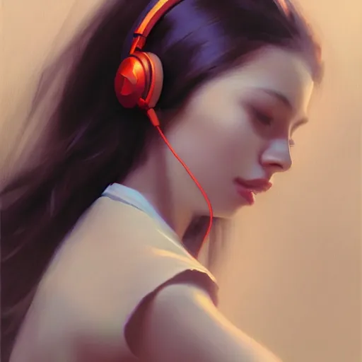 Prompt: a realism illustration of a beautiful woman with headphones dancing by bayard wu