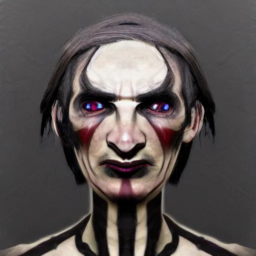 Image similar to a dark elf with a scarred up face, a bob haircut and bushy eyebrows smirking in the style of vito acconci