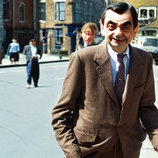 Prompt: mr. bean walks down a street on a sunny day