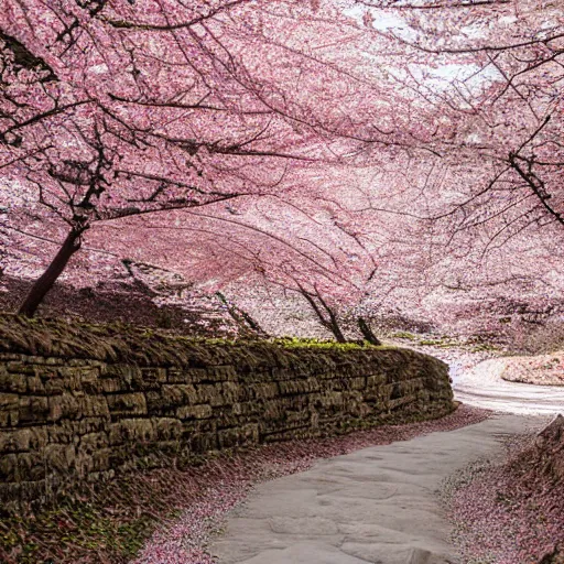 Image similar to stone path through a cherry blossom filled valley leading to a monastery