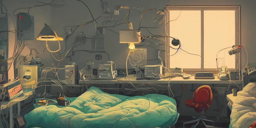 Image similar to cozy 9 0 s bedroom retrofuturism, cluttered, wires everywhere, computer, window, night - time, lit only by the luminescent computer screen, detailed by simon stalenhag