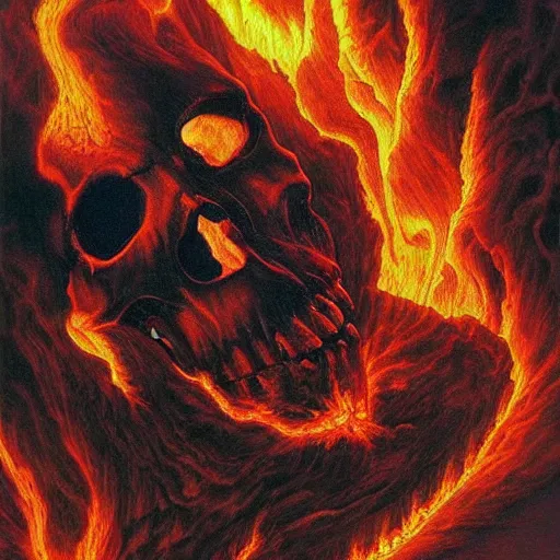 Image similar to an active supervolcano exploding with fire and thick smoke in the shape of a demonic skull by dan seagrave art