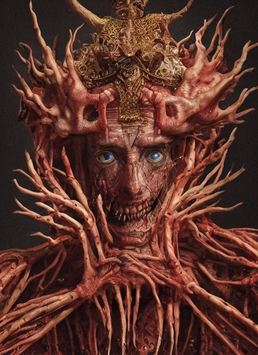 Image similar to portrait of Paimon, one of the kings of hell with translucent skin, visible muscles and veins and arteries and bones and spines and nerves, beautiful detailed intricate insanely detailed octane render, 8k artistic photography, photorealistic, chiaroscuro, by David Cronenberg, Raphael, Caravaggio