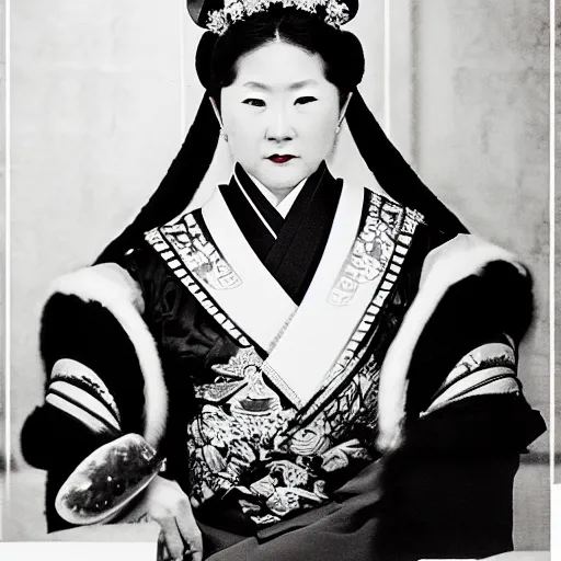 Image similar to A close up shot, colored black and white Russian and Japanese mix historical fantasy a photograph portrait taken at the empress and emperor's royal wedding breakfast, a collection of sandwiches and canapés was served, mixing traditional Japanese choices with some Russian influences, professional corporate portrait, warm lighting, 1907 photo from the official wedding photographer for the royal wedding. Cinematic, atmospheric lighting, extreme detail, 8K, high detail,