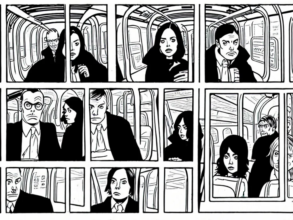 Image similar to a single comic panel by Daniel Clowes, 3/4 low angle view wide shot of two people sitting in an empty Chicago subway train, in front of windows: a sad Aubrey Plaza in a parka and a friendly Mads Mikkelsen in a suit