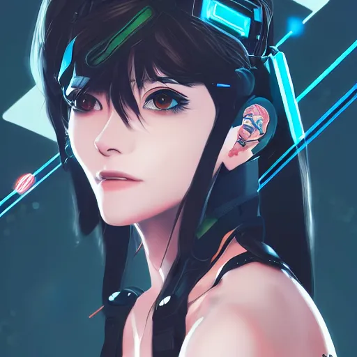 Image similar to An anime portrait of a fit Phoebe Kates as a cyberpunk hacker, by Stanley Artgerm Lau, WLOP, Rossdraws, James Jean, Andrei Riabovitchev, Marc Simonetti, and Sakimichan, tranding on artstation