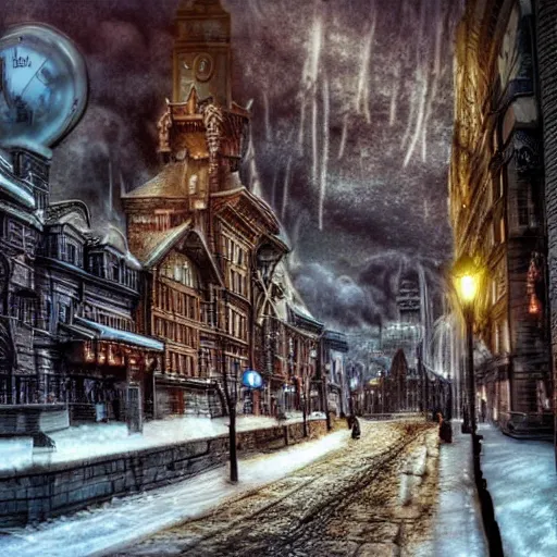 Image similar to frozen steampunk city, hyper realistic photograph