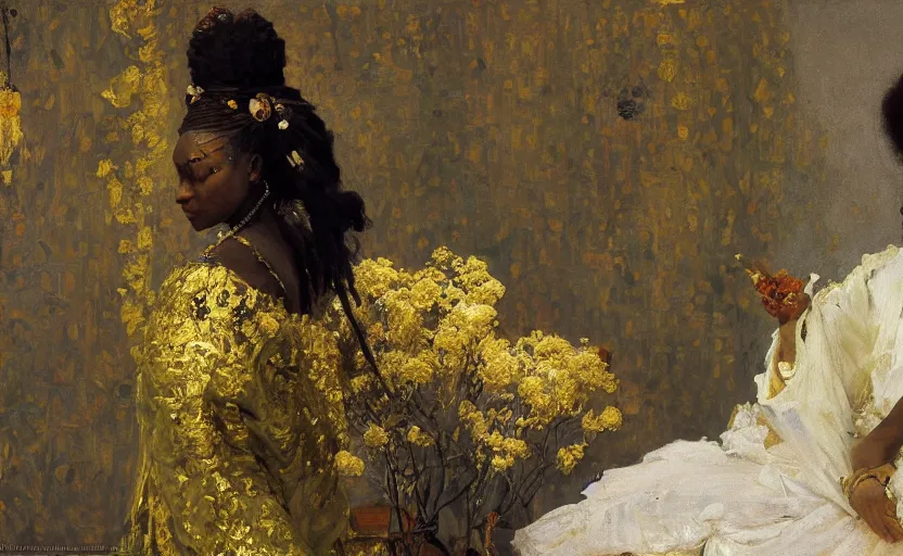 Image similar to high quality high detail painting by ilya repin, black woman in a white room with many plants, intricate costume design, orientalist, partially gold, ornate, elite, luxury, hd