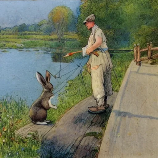 Prompt: a rabbit fishing by a bridge in the style of Carl Larsson