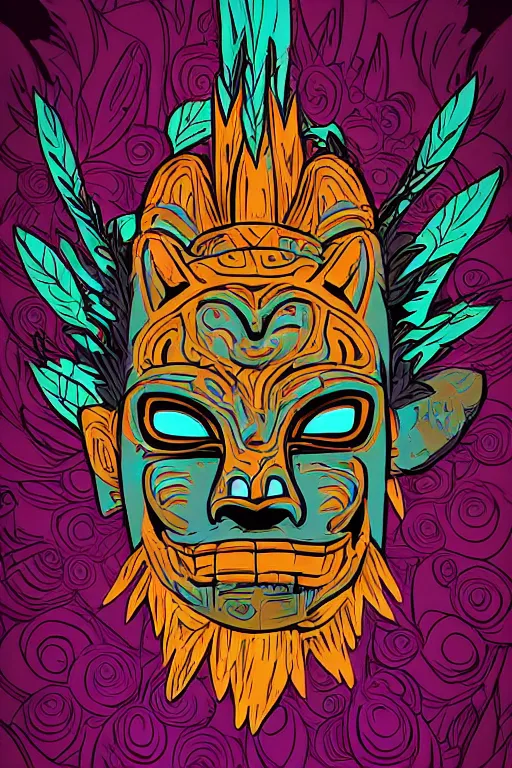 Image similar to totem animal mask tribal feather gemstone plant wood rock shaman vodoo video game vector cutout illustration vivid color borderlands comics by josan gonzales and dan mumford radiating a glowing aura