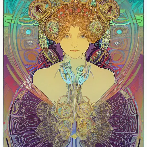 Image similar to psychedelic alphonse mucha victo ngai beautiful cybernetic flower field