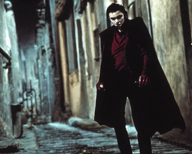 Image similar to a vampire walking down a foreboding alley looking for trouble, from buffy the vampire slayer