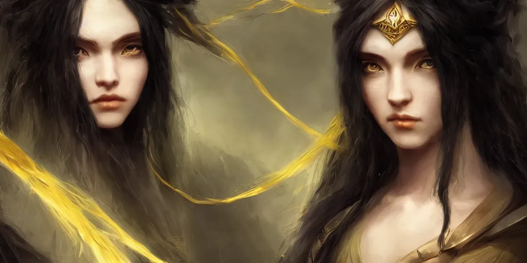 Image similar to a young beautiful oracle with long black hair weavering golden string of magic, barroque painting, ultra realistic. cinematic, dynamic. magic the gathering style. epic fantasy, insanely detailed, 4k, symmetrical face, rpg character reference. gourgeous.