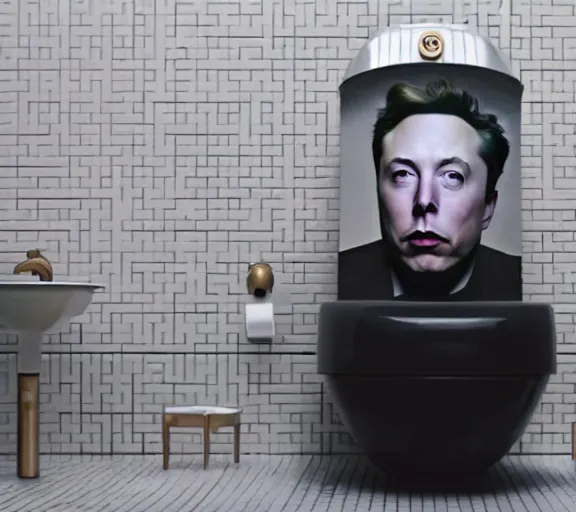 Image similar to hyperrealism aesthetic ridley scott and denis villeneuve style photography of a detailed hyperrealism elon musk, siting on a detailed hyperrealism toilet and scrolling his detailed smartphone in hyperrealism scene from detailed art house movie in style of alejandro jodorowsky and wes anderson volumetric ambient light