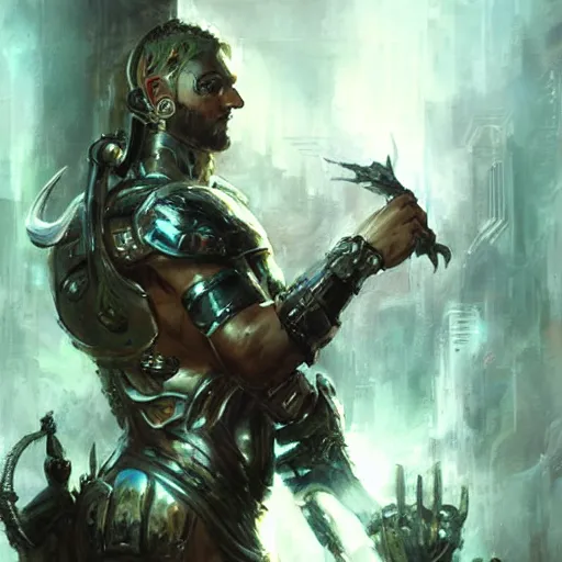 Image similar to stunning portrait of greek god poseidon wearing scale armor, painting by Raymond Swanland, cyberpunk, sci-fi cybernetic implants hq