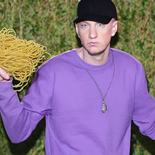 Prompt: eminem wearing a hat made of spaghetti and a purple dress