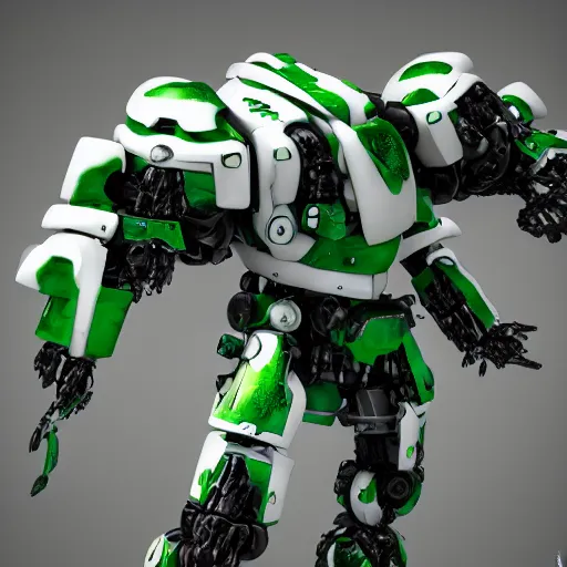 Image similar to miniature saudi samurai mecha, green and white, full body mecha suit, epic urban battle, Murata Yasushi Nirasawa Style, beautiful aesthetic, photorealistic, volumetric lighting, hyperrealistic, octane render, HDR, Production IG Studios Anime Style