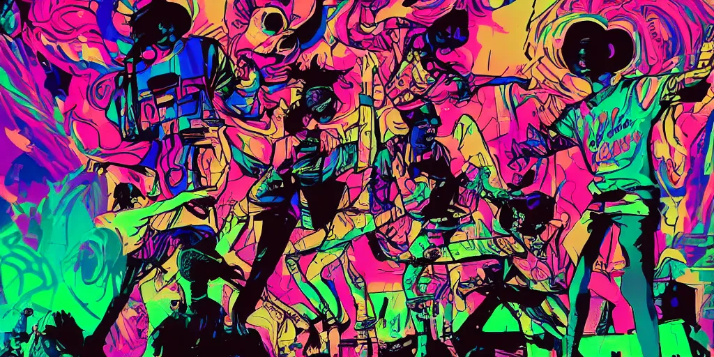 Image similar to psychedelic rap battle, silhouettes, distinct figures, digital art, vapor wave, hip hop, graffiti, trending on Artstation, professional artist, detailed, 4k