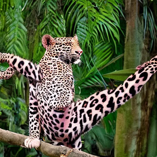 Prompt: a pink leopard dancing in the jungle