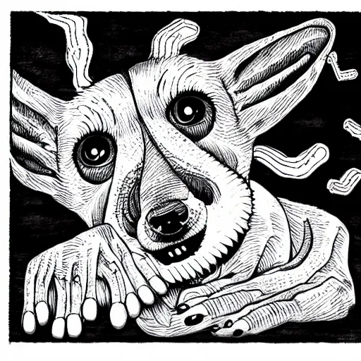 Prompt: a terrifying lovecraftian corgi puppy with many eyes, manga drawing by junji ito, horror, dynamic, intense