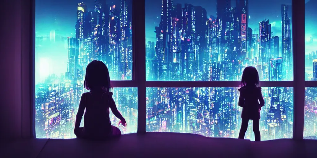 Image similar to overlooking on night city cyberpunk from floor to ceiling window, one little girl, beautiful hair at the back, looking out the window, liminal, cinematic, dreamscape