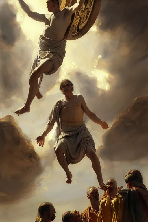 Image similar to beautiful oil painting portrait of ancient roman god emperor steve buscemi hovering in the air wearing the civic crown levitating and ascending in stations of the cross pose, art by anders zorn, wonderful masterpiece by greg rutkowski, expressive brush strokes, beautiful cinematic light, american romanticism by greg manchess, jessica rossier