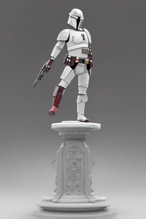 Prompt: mandalorian statue made of white marble standing, 3 d render, octane render, unreal engine, detailed, dynamic light, beautiful, rococo, accents of red