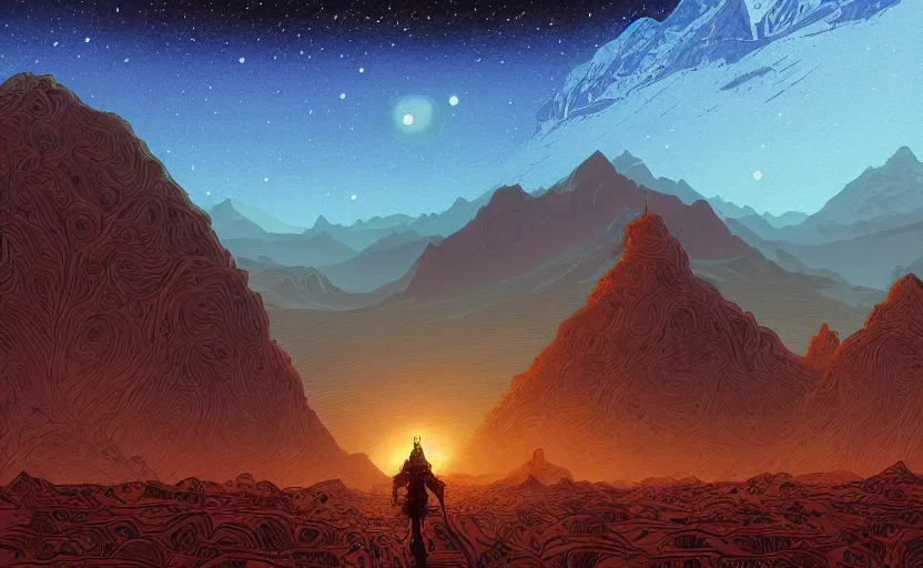 Prompt: mountains, stars and paisley filled sky, artstation, intricate, highly detailed, digital painting, concept art, sharp focus, illustration by Michael Whelan and Kilian Eng