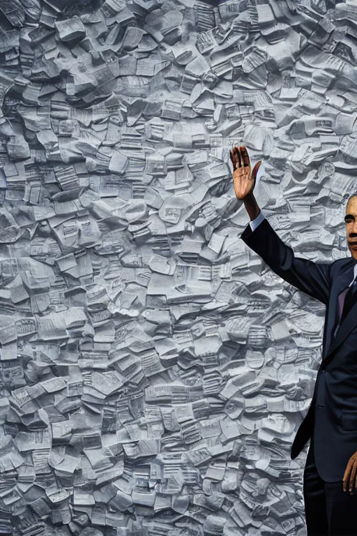 Image similar to obama standing next to a mountain made of papers, oil on canvas, intricate, portrait, 8 k highly professionally detailed, hdr, cgsociety