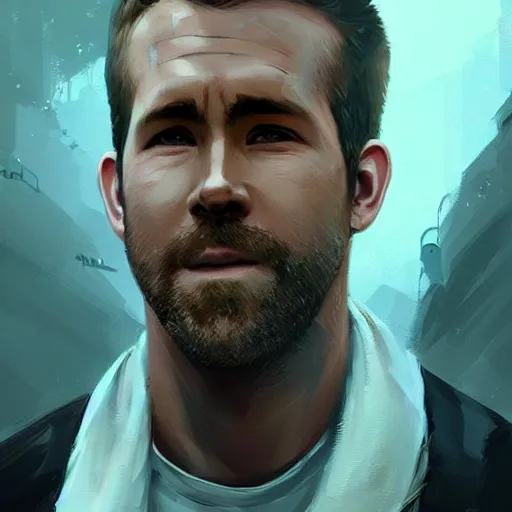 Image similar to “ portrait of ryan reynolds by greg rutkowski, young, attractive, highly detailed portrait, scifi, digital painting, artstation, concept art, smooth, sharp foccus ilustration, artstation hq ”