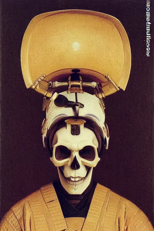 Image similar to portrait of a skull man japanse samurai astronaut with samurai helmets, by bouguereau