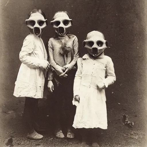 Image similar to portrait of children wearing plague masks, photograph, style of atget, 1 9 1 0, creepy, dark