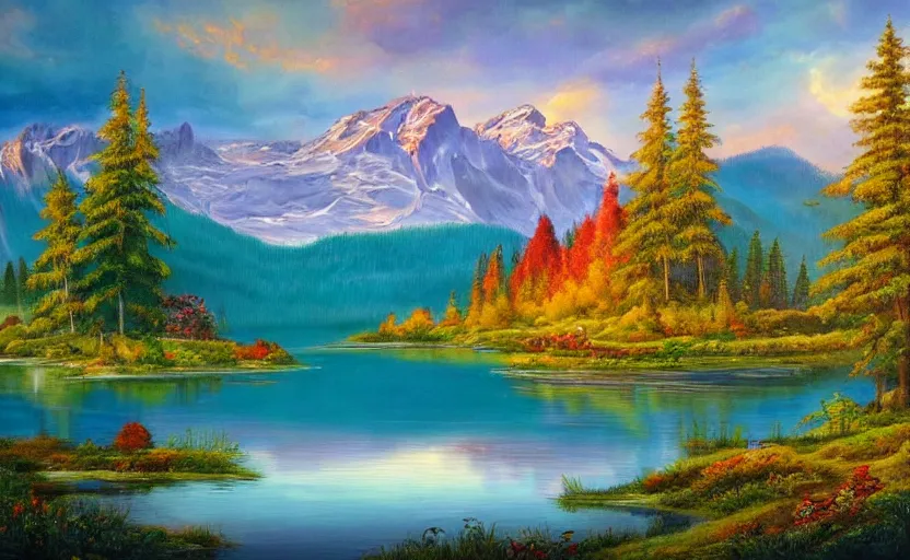 Image similar to beautiful award winning mythical painting of a canadian lake, 4 k, ultra hd