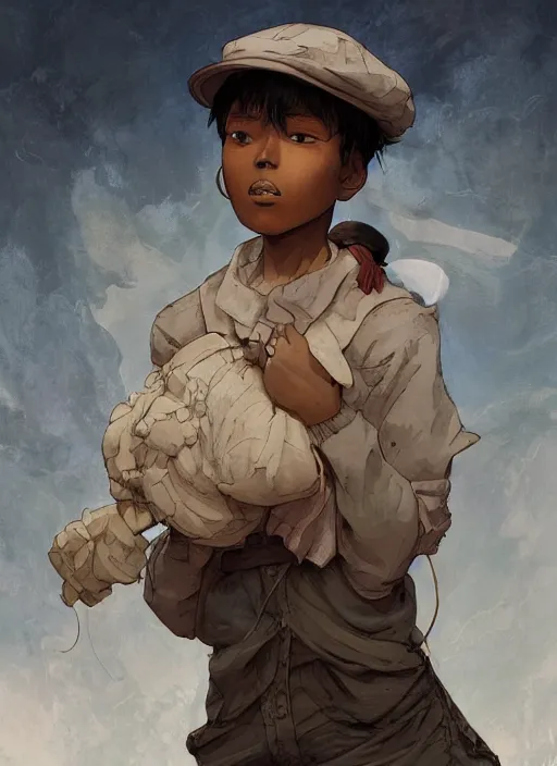 Image similar to prompt : portrait soft light painted by james jean and katsuhiro otomo and erik jones, inspired by akira anime, epic fantasy, a young dark skinned girl with short hair dressed as a boy in plain peasant clothing and a newsboy cap, intricate oil painting, high detail illustration, sharp high detail