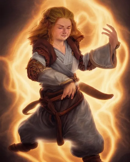 Image similar to full body portrait of a female halfling hobbit monk fistfighter, hallucinating a holy vision of her goddess of mist and light, flowing robes and leather armor, detailed dynamic light painting by albrecht anker