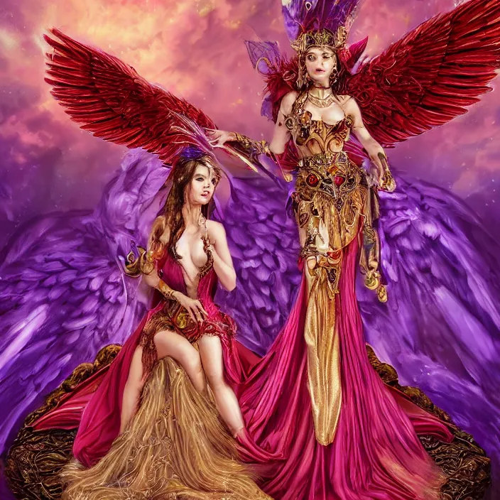 Prompt: Princess sorceress with red flaming bird wings on her back and sitting on an ornate throne dressed in a fancy long purple dress, beautiful realistic symmetrical defined face, Slight smile and open eyes, anatomically correct, Fantasy, Full Body Portrait, High detail, hyper realistic